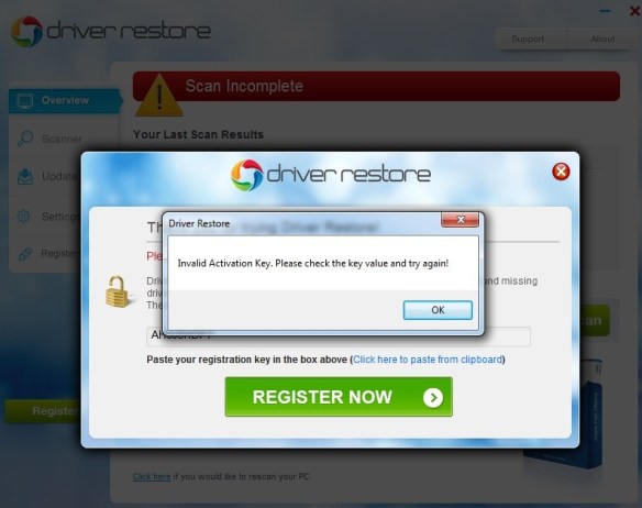 Driver restore registration key code